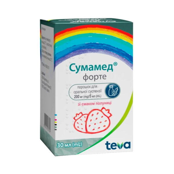 Сумамед форте порошок д/ор. сусп. зі смак. полун. 200 мг/5 мл (1200 мг) по 30 мл у флак.