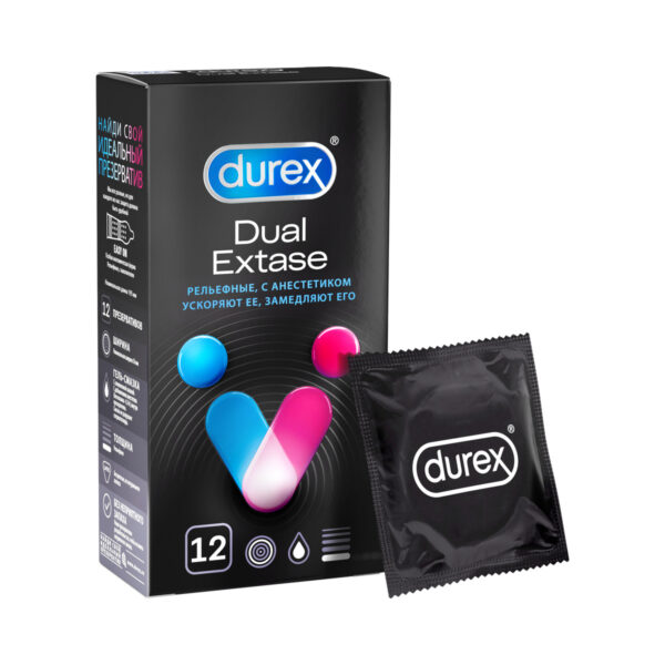 Презервативи латексні Durex Dual Extase рельєфні з анестетиком, 12 штук