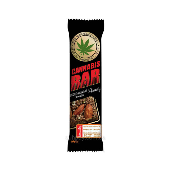Батончик-мюслі Cannabis Bar з волоським горіхом + насіння канабісу по 40 г в обгорт.