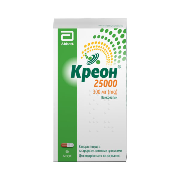 Креон 25000 капсули тв. з гастрорезист. гран. по 300 мг №50 у флак.